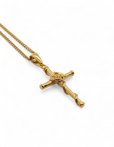 Collier doré streetwear pendentif croix et fleurs